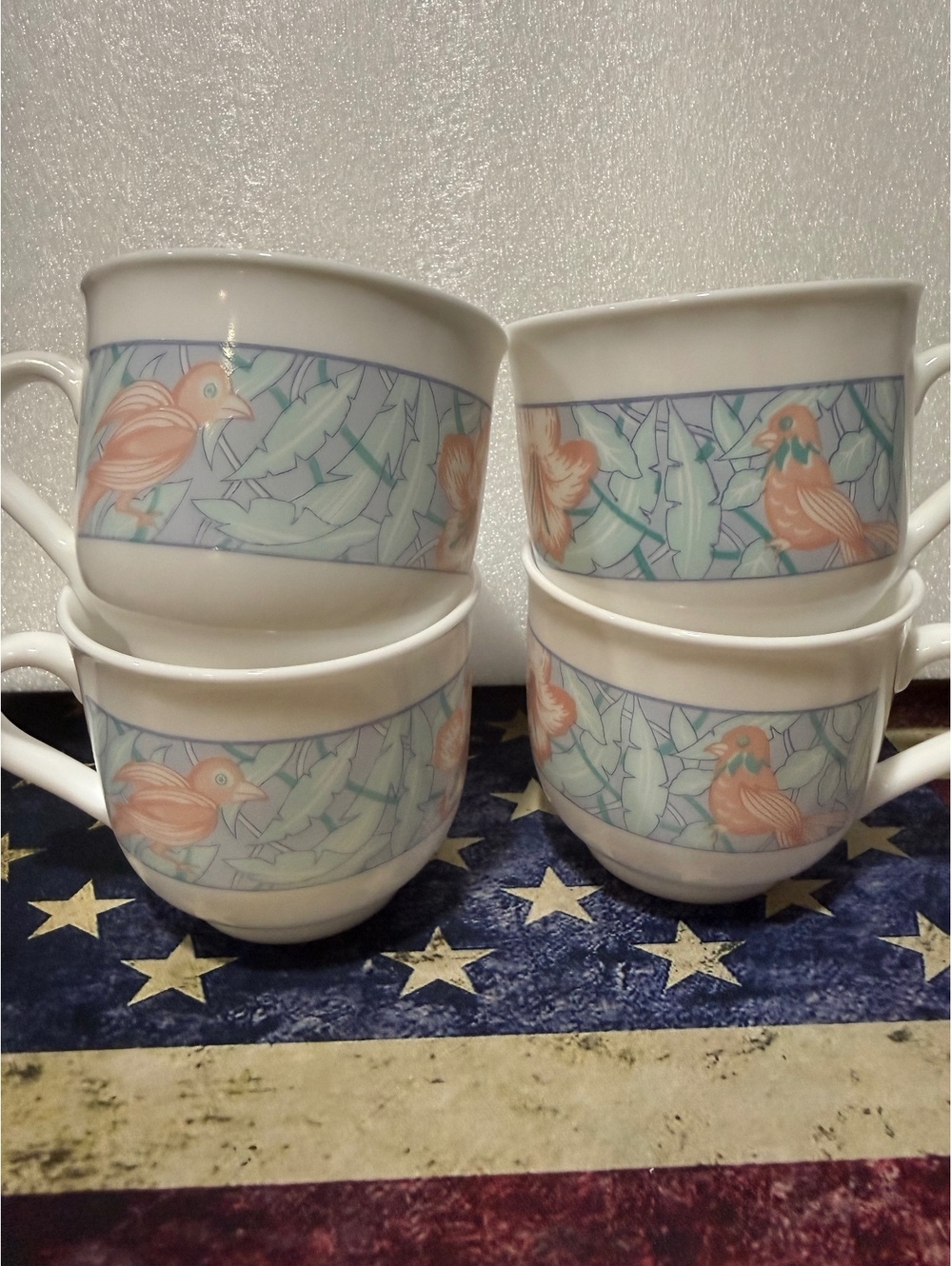 Vintage Arcopal France Set of 4 Bird Floral Mugs Decor Oiseaux Opal Glass